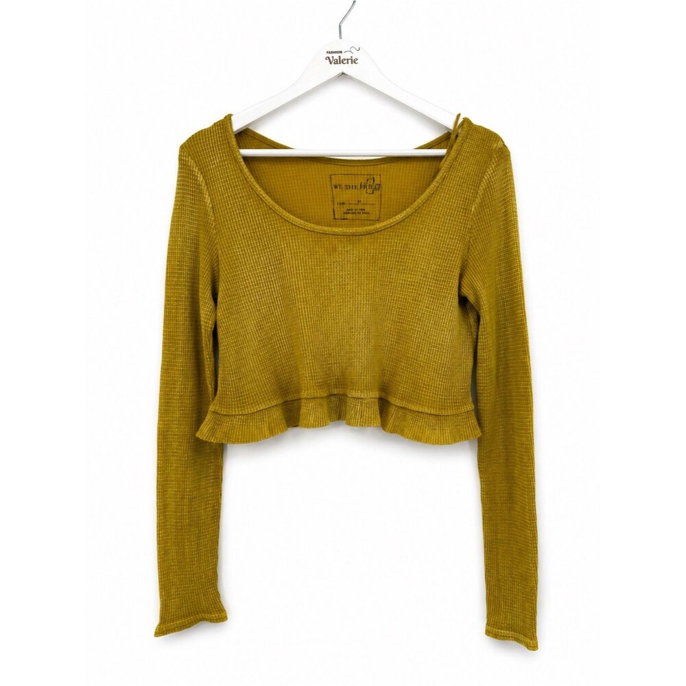 We The Free Yellow Waffle Cropped Top Long Sleeve Size Small Distressed Boho